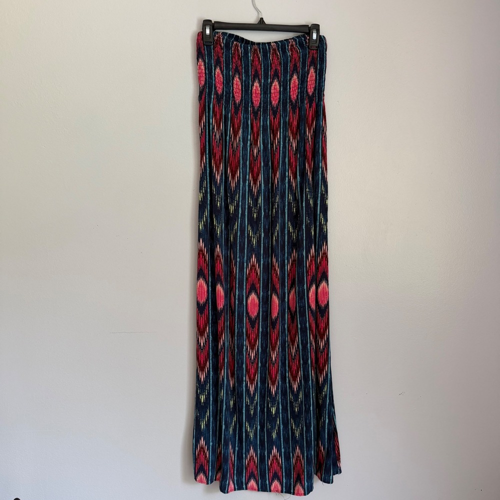 Y2K Mudd Strapless Maxi Dress LTribal Ikat Smocked Rayon Boho Belted